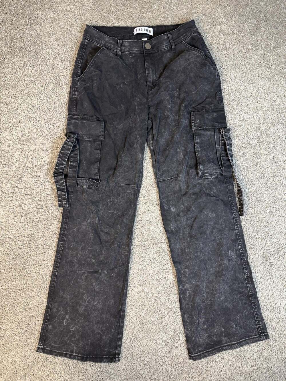 Disclosure Jeans Womens 27 Black Acid Wash Wide Leg High Rise Cargo Strap
